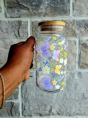 Butterflies & Flowers Glass Tumbler with handle