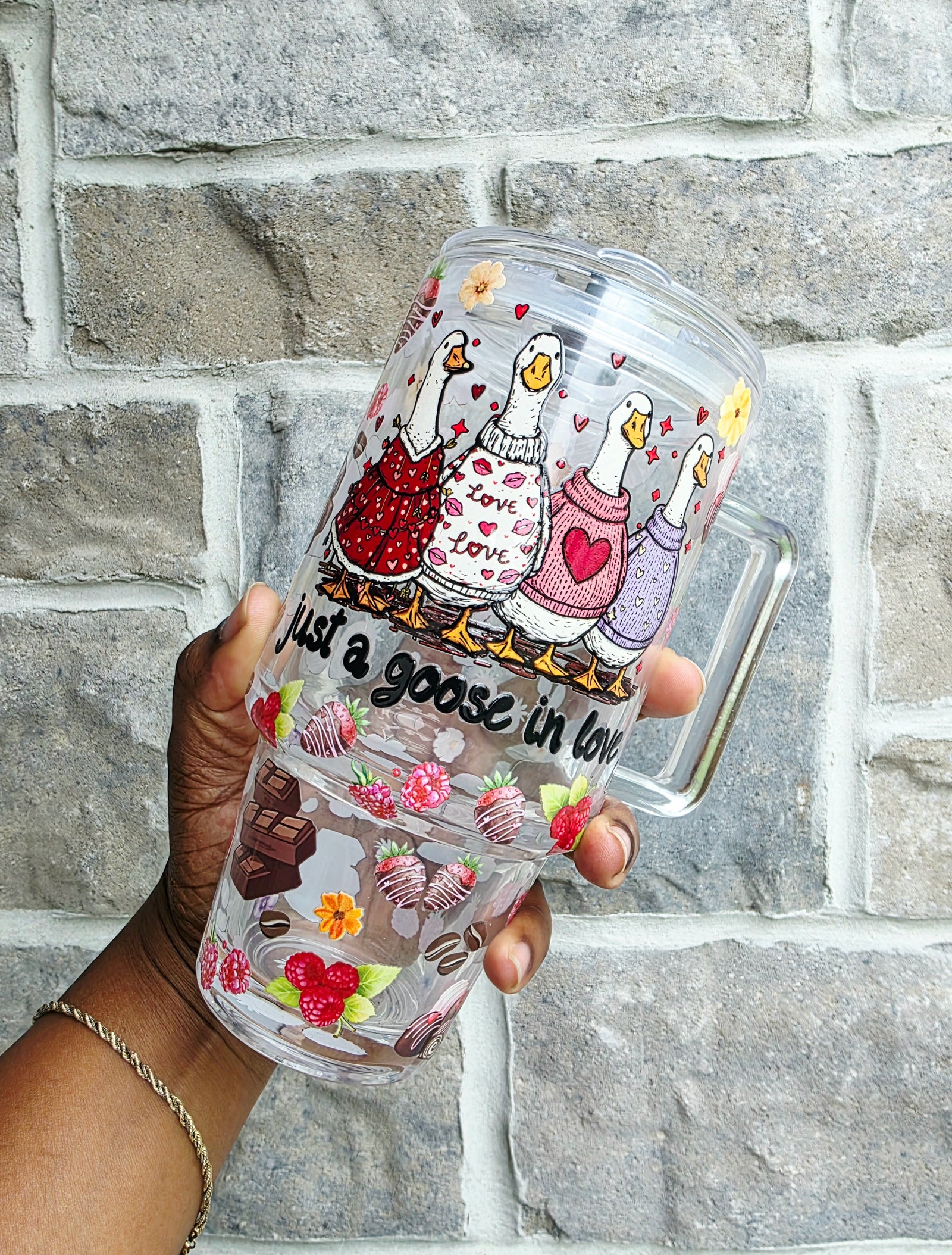 Just a Goose in Love Glass Tumbler with Handle