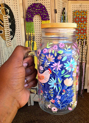 Chicken & Flowers Glass Mug with Handle