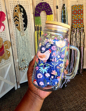 Chicken & Flowers Glass Mug with Handle