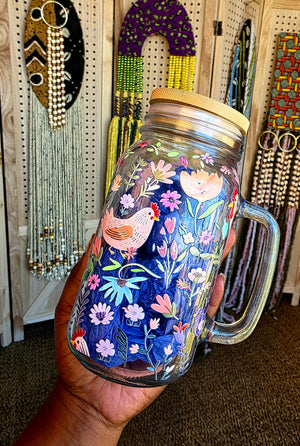 Chicken & Flowers Glass Mug with Handle