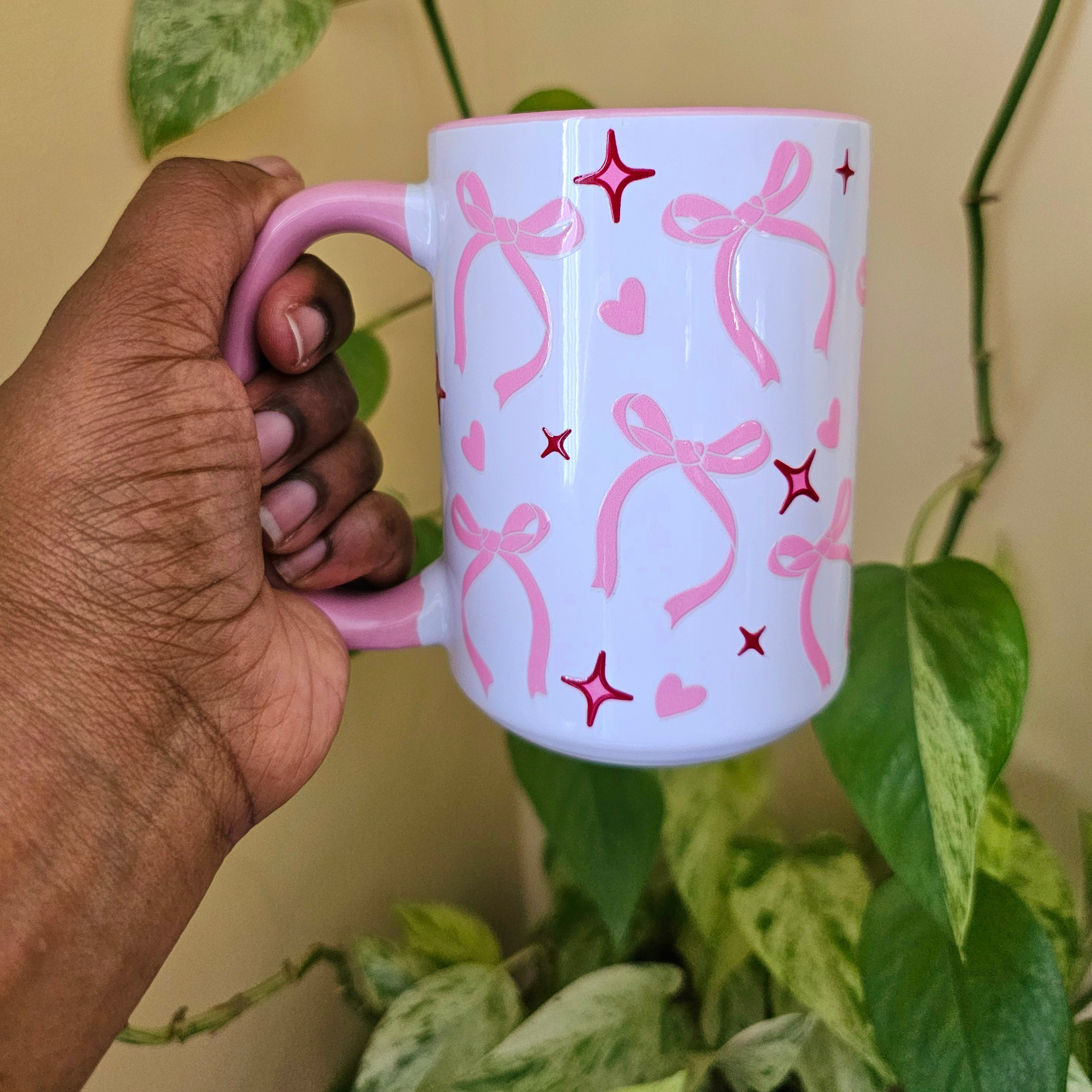 White Ceramic Mug - Ribbons + Hearts