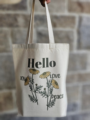 Hello Joy, Peace, Love Tote in Beige