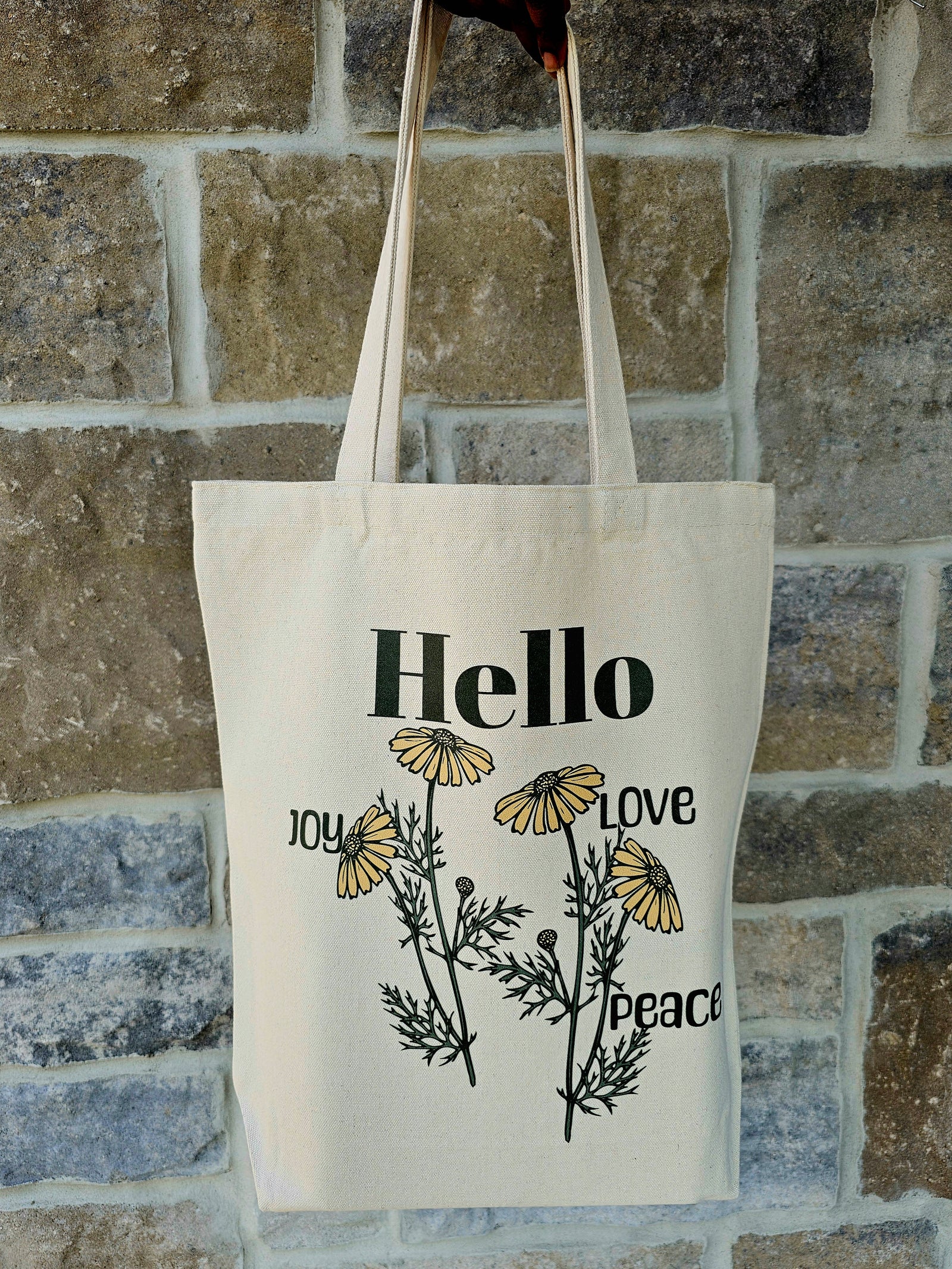 Hello Joy, Peace, Love Tote in Beige