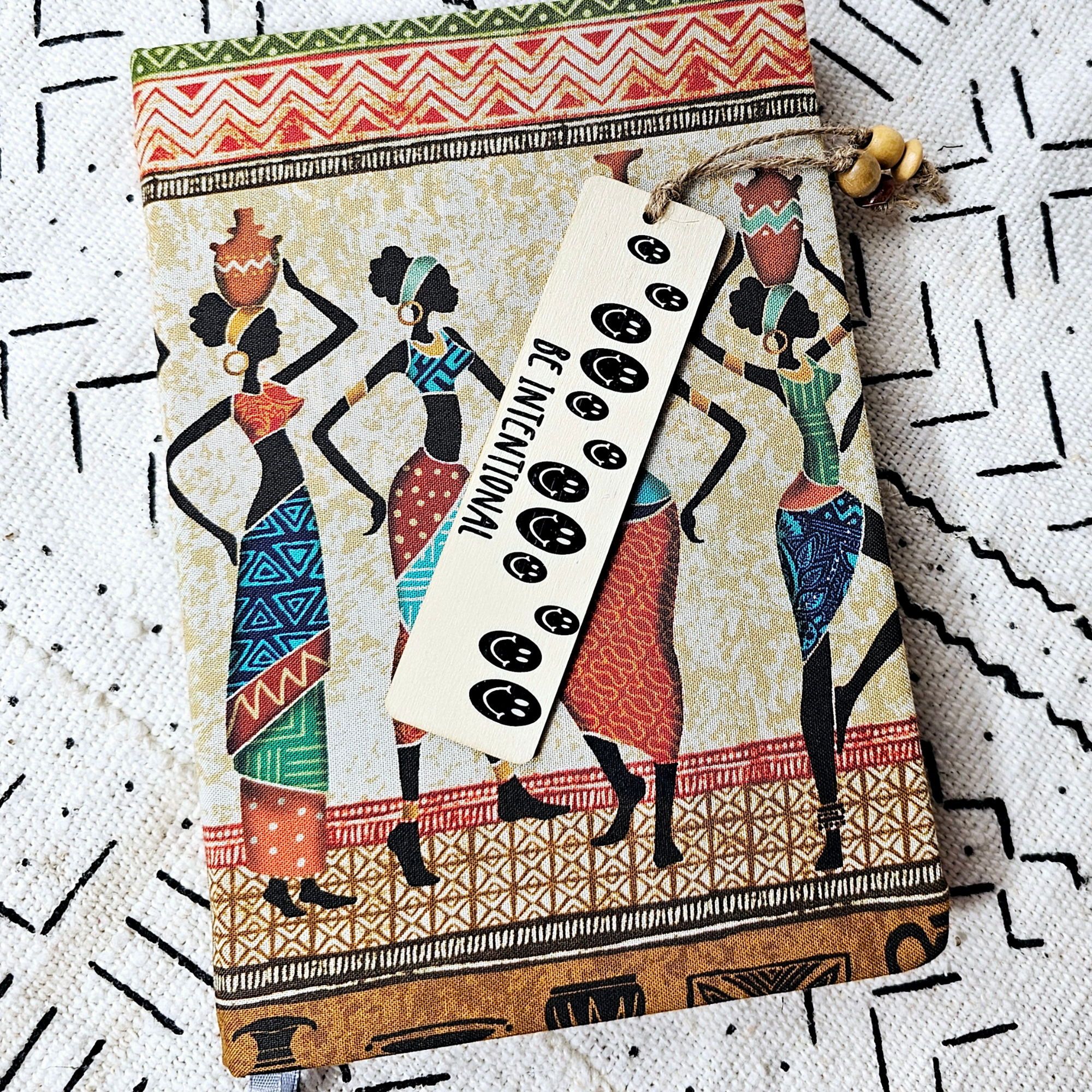 Notebook covered in African fabric + Wood Bookmark