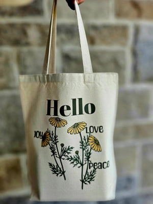 Hello Joy, Peace, Love Tote in Beige