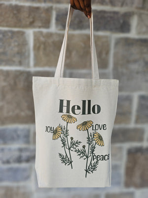 Hello Joy, Peace, Love Tote in Beige